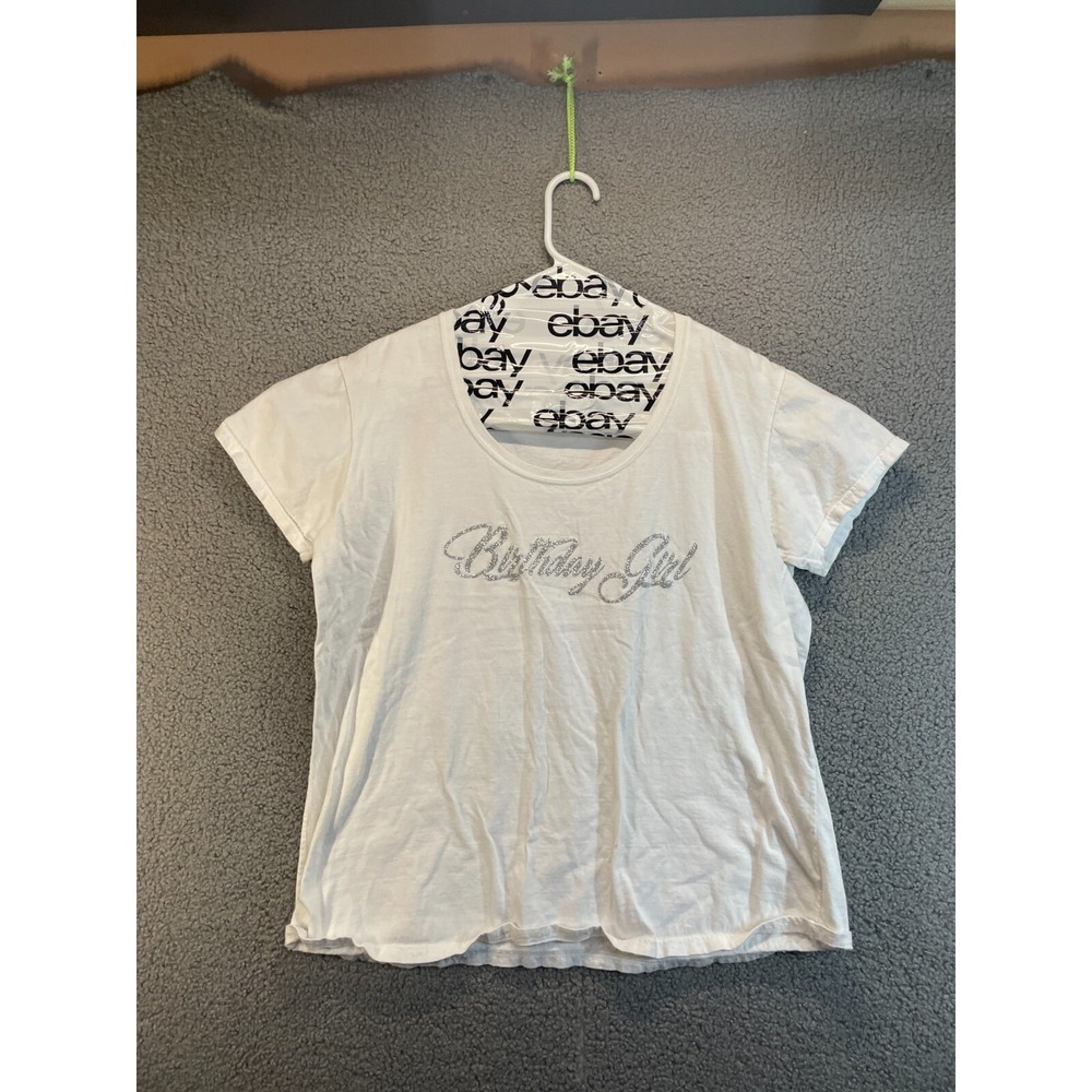 Gildan Womens White Birthday Girl Silver Shimmer Script Size XL - Picture 1 of 6
